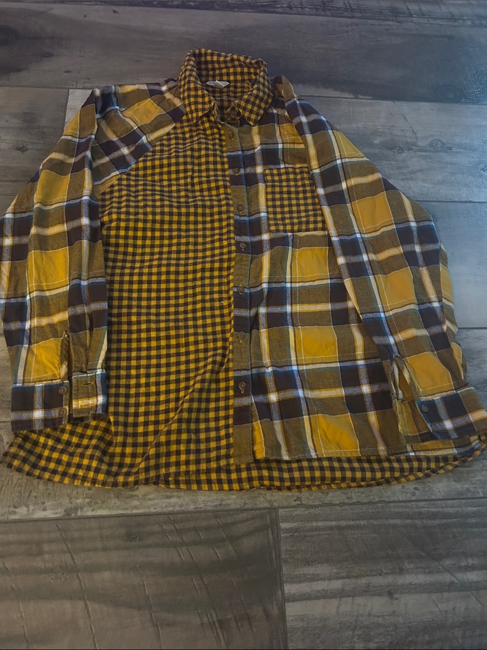Women’s Yellow and Black Plaid Patchwork Button-Up Shirt 100% cotton M